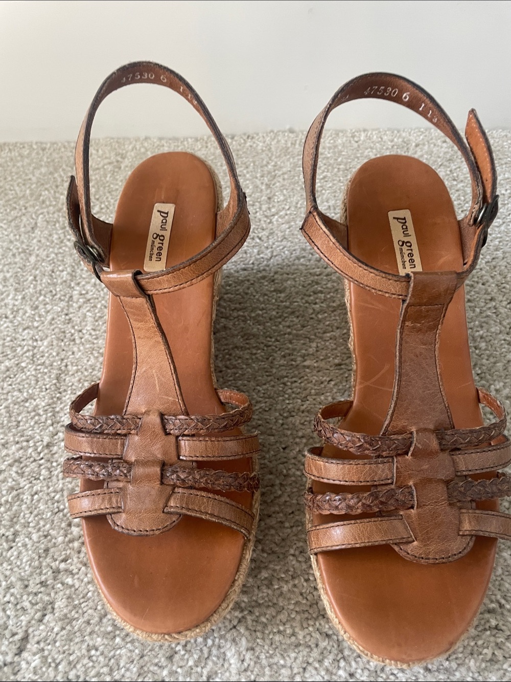 Paul Green Tan Leather Braided T-Strap Wedge Espadrilles.